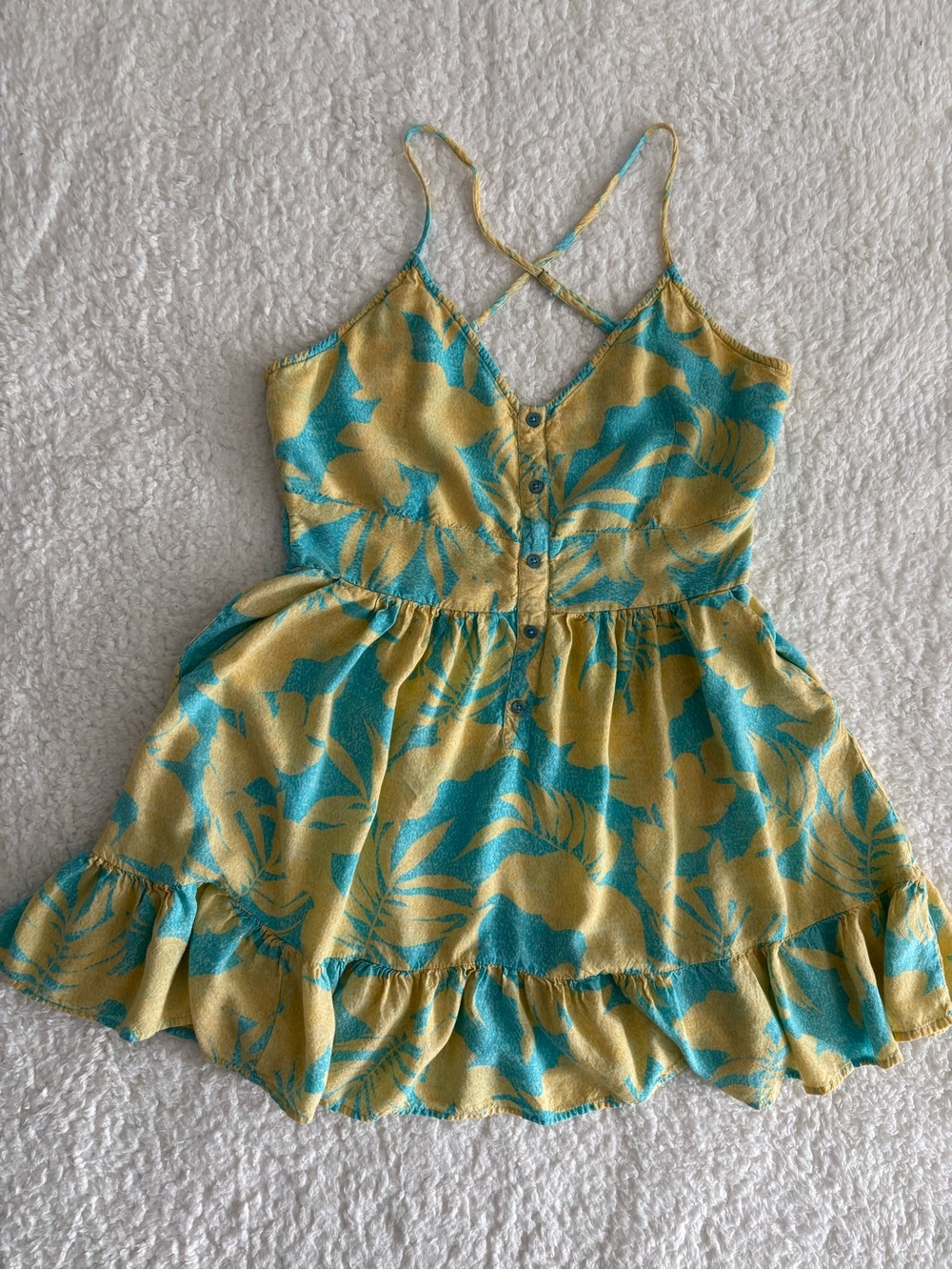 XIX Palms Honolulu Tropical Palm Print Mini Dress Turquoise Yellow Size L